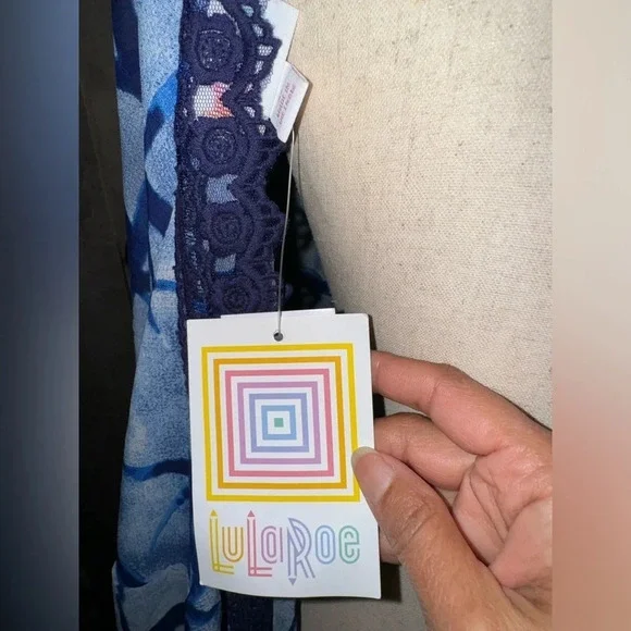 NWT LulaRoe Blue White Ocean Water Long Duster Crochet Lace Trim Womens M - Picture 3 of 6